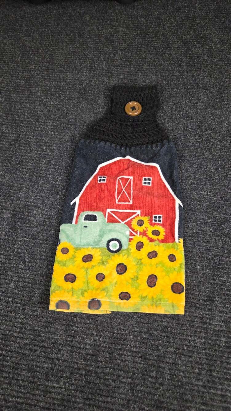 Handmade Crocheted Hanging Kitchen Towel Red Barn Truck Sunflowers